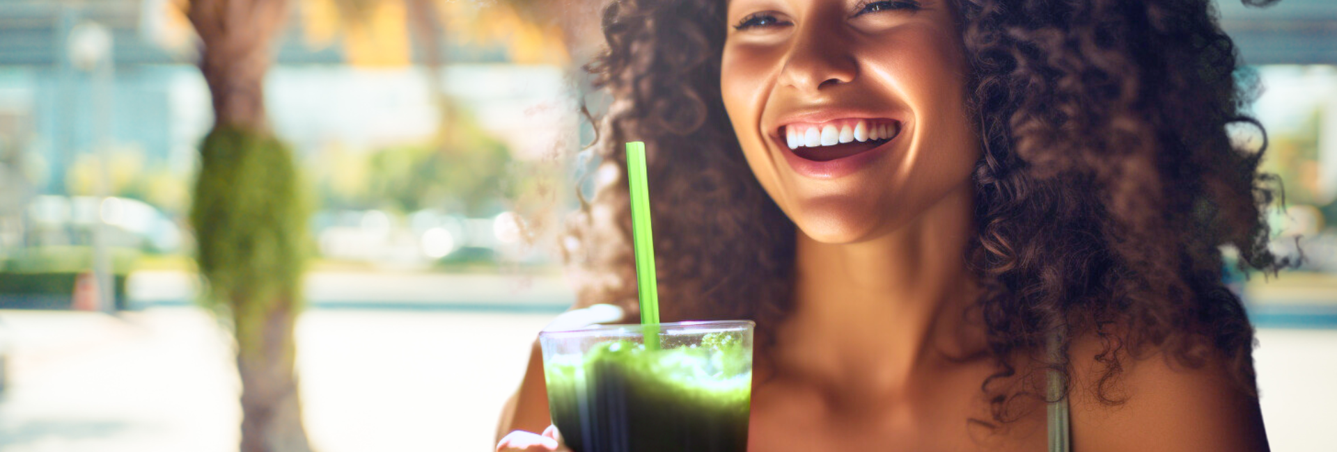 A delighted young woman beams with genuine joy as she wholeheartedly sips a refreshing green juice.