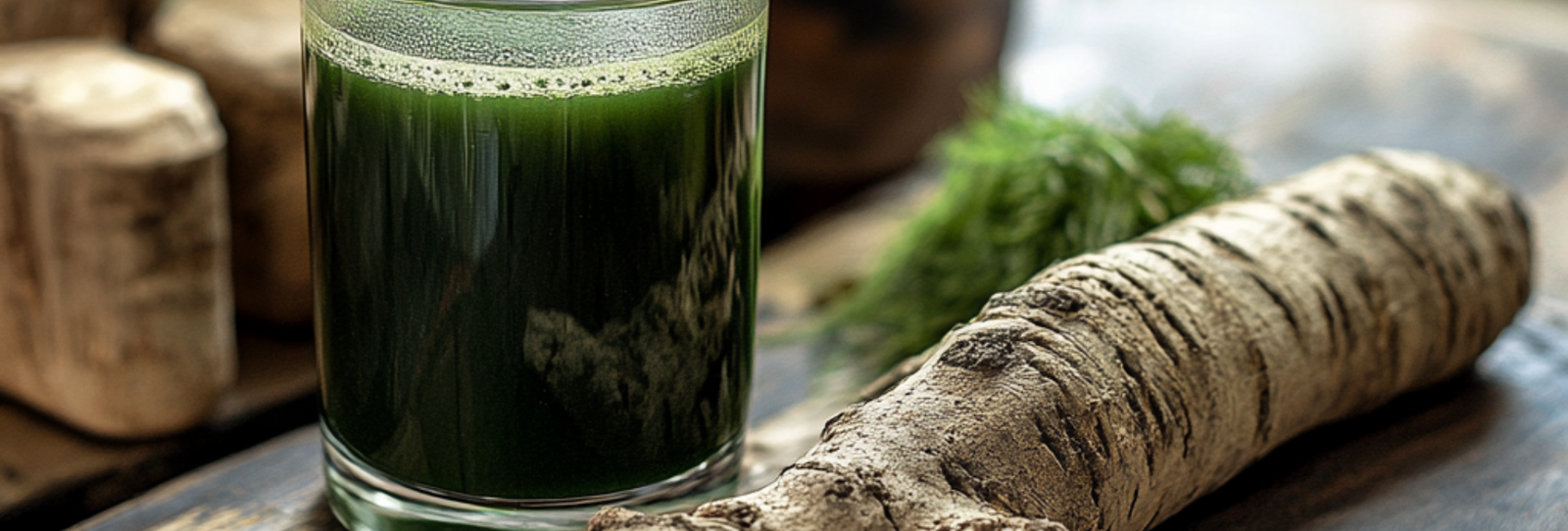 A glass of green juice alongside an Astralagus root on a wooden table.
