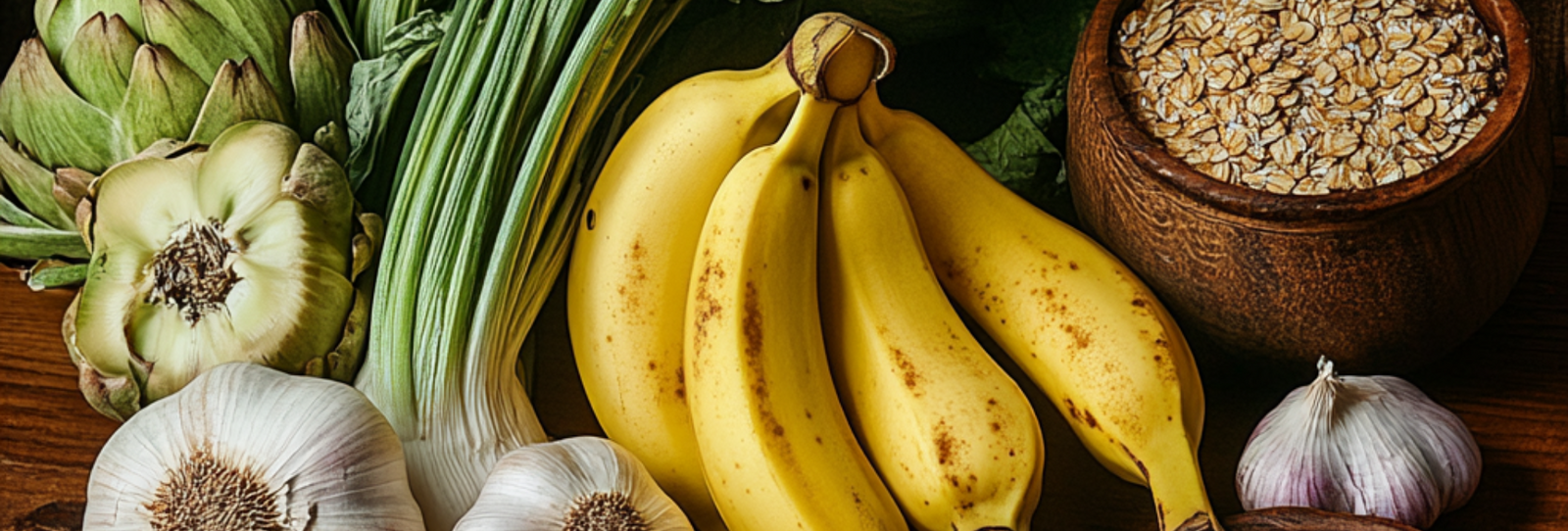 An arrangement of fruits and vegetables including bananas, leek, oats, garlic, artichoke, and onions on a wooden table.