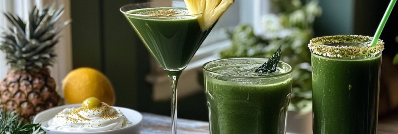 An array of super greens drinks: smoothies, cocktails, mocktails, and yogurt with super greens powder on a table.