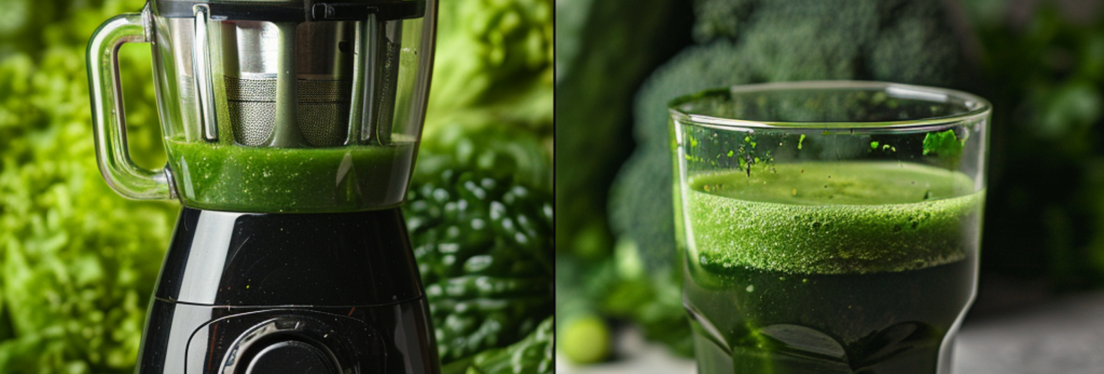 A side-by-side image of a juicer on one side with kiwi and greens, and on the other side a glass filled with green juice and super greens powder alongside it.