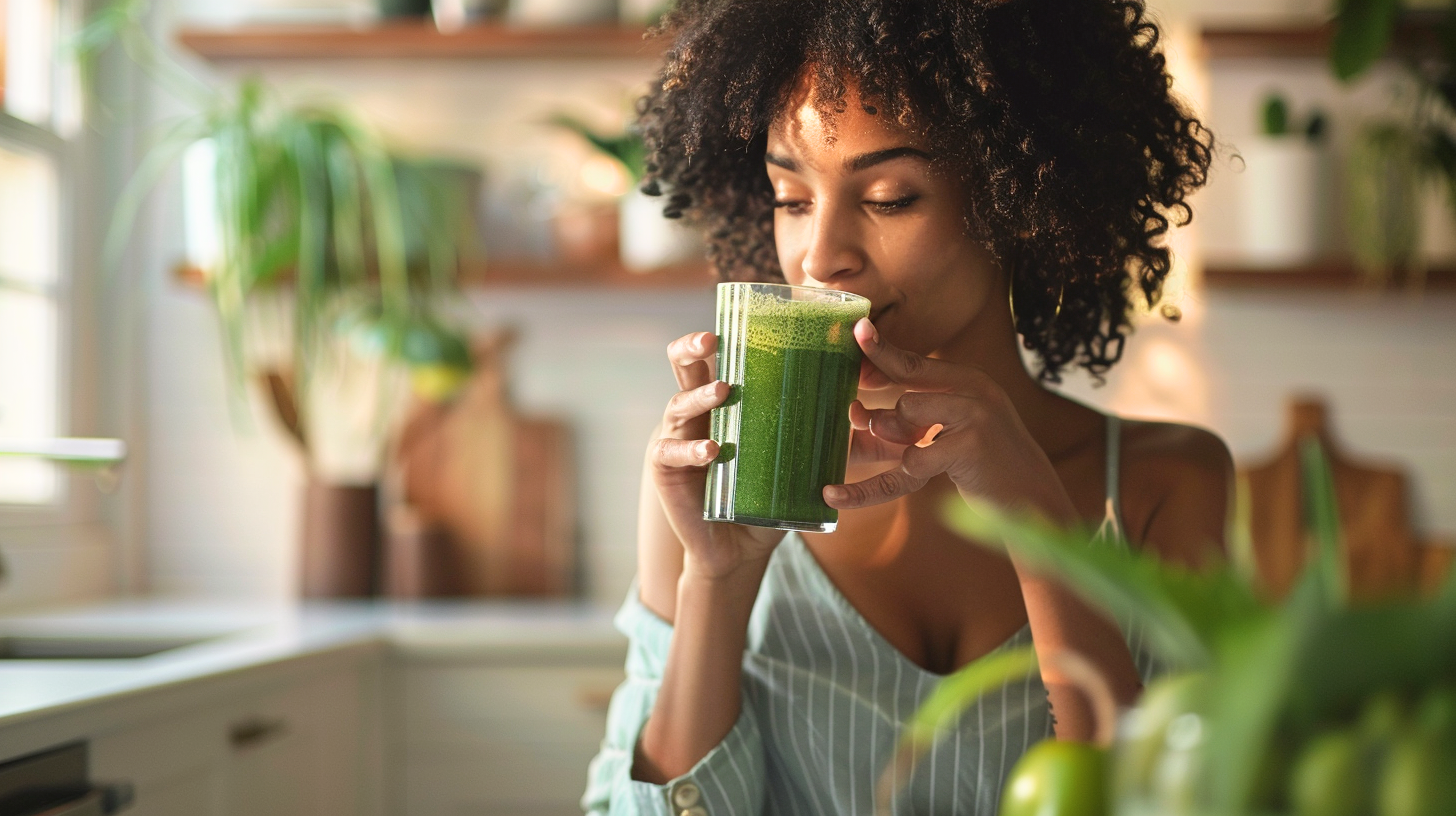 A  woman drinking a glass of super greens juice in the kitchen.