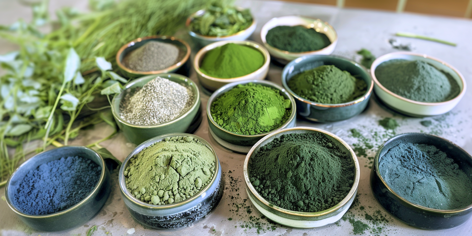 A table showcasing an assortment of super greens powders.