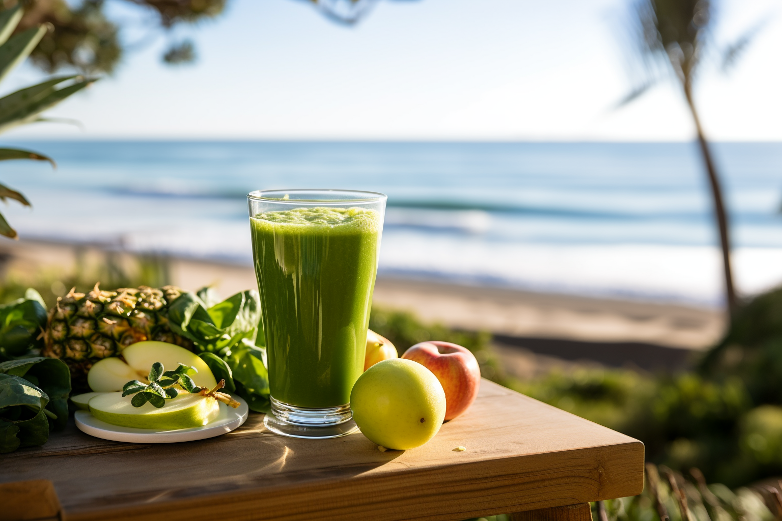 A tall glass of Rewind apple pineapple greens smoothie surrounded by apples and pineapple on a picnic table by the beach.