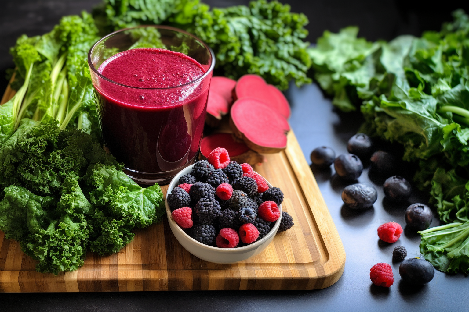 A glass of Rewind berry beet booster smoothie on a chopping block with mixed berries, sliced beets, and kale around it.