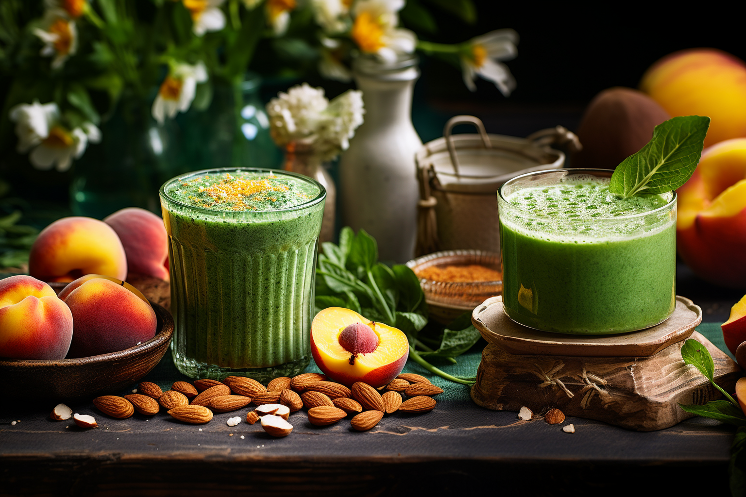 Two glasses of Rewind green peach cobbler smoothie on top of a rustic table with a plate of peaches, almonds, and spinach arranged around it.