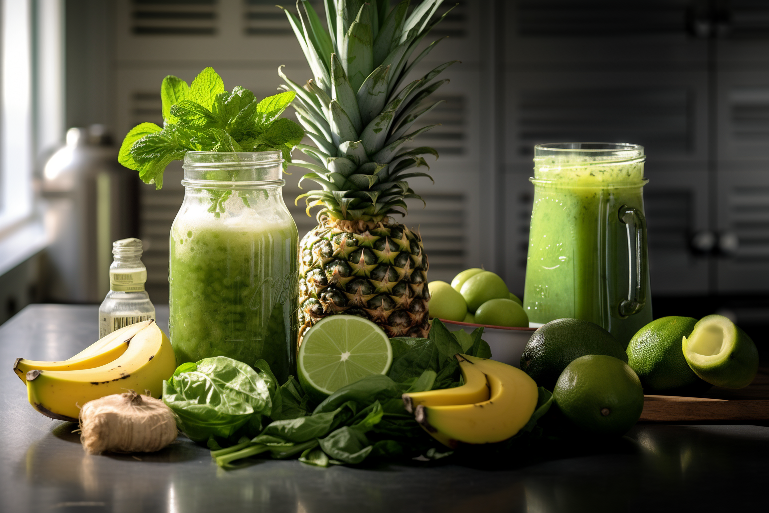 A pitcher of Rewind pineapple dream greens smoothie on top of the kitchen counter together with its key ingredients pineapple, banana, and greens.