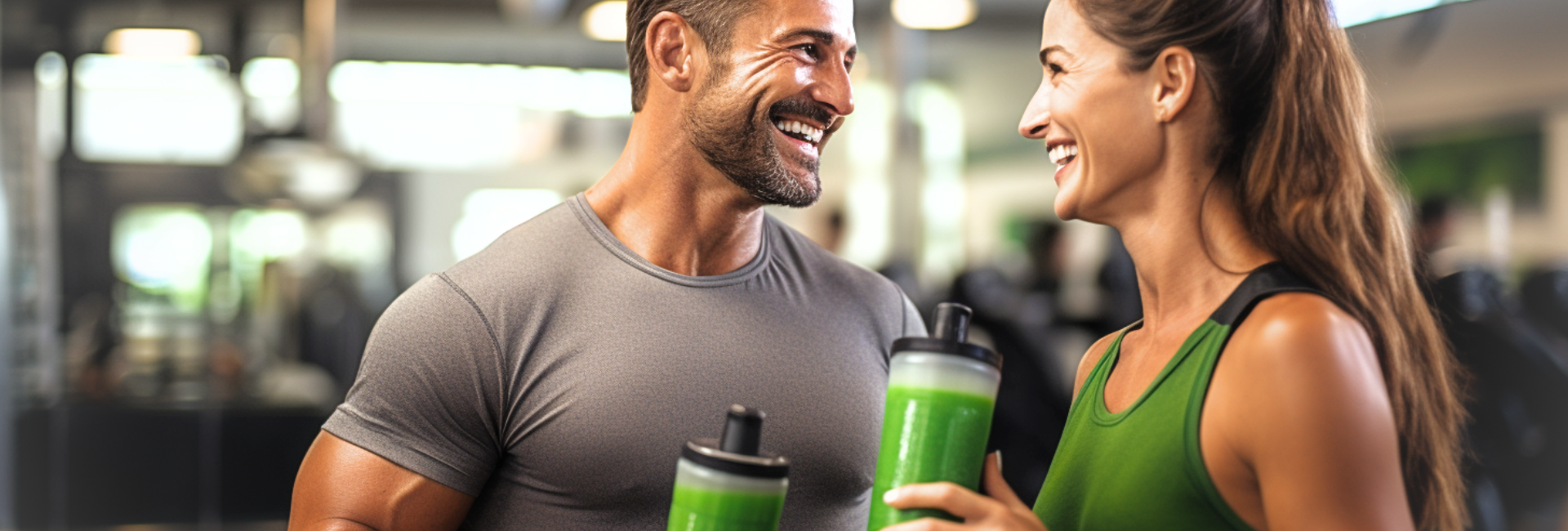 A fit and attractive couple enjoying a nutritious green smoothie together at the gym.