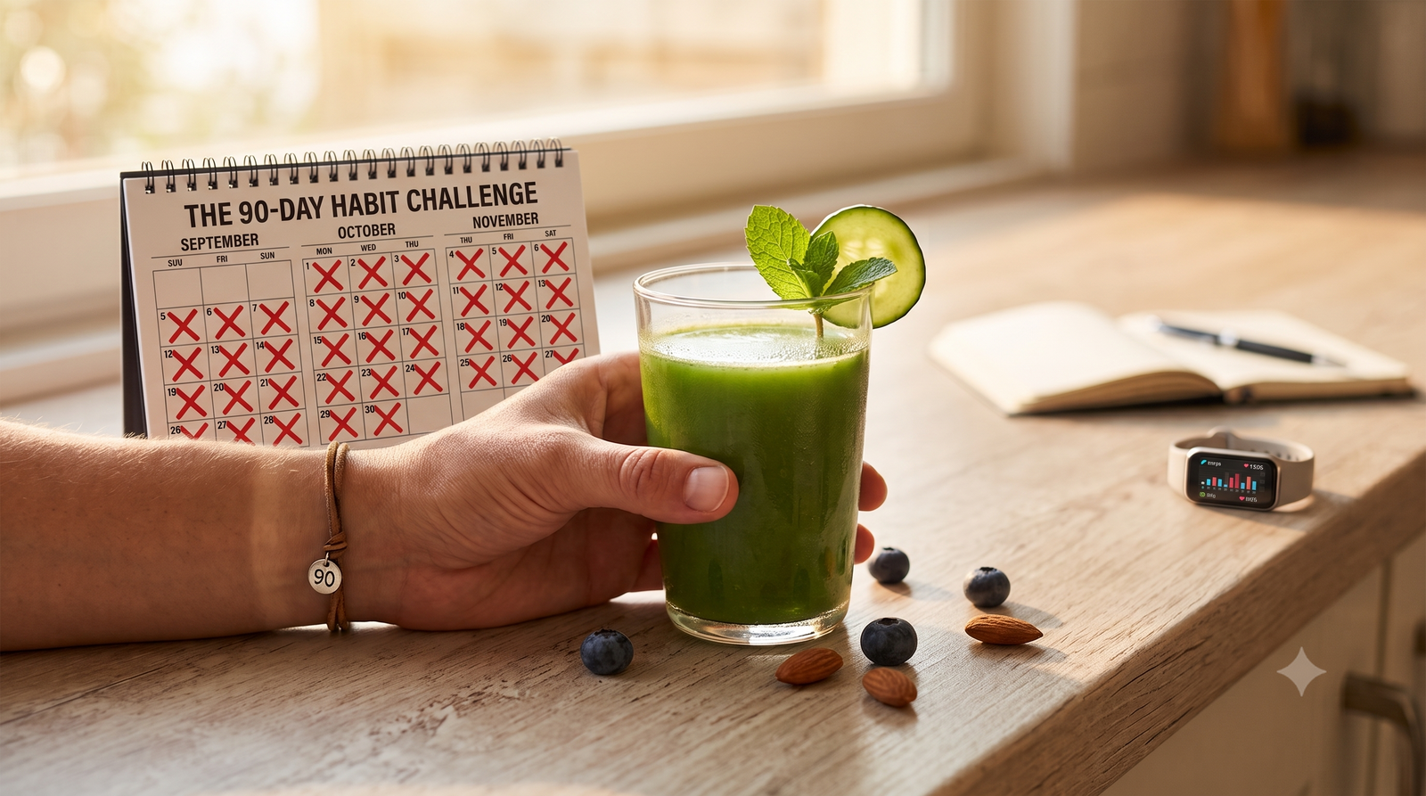 A hand holding a glass of green smoothie on a wooden countertop next to a "90-day habit challenge" desk calendar marked with red X's, a fitness tracker, and scattered blueberries and almonds.