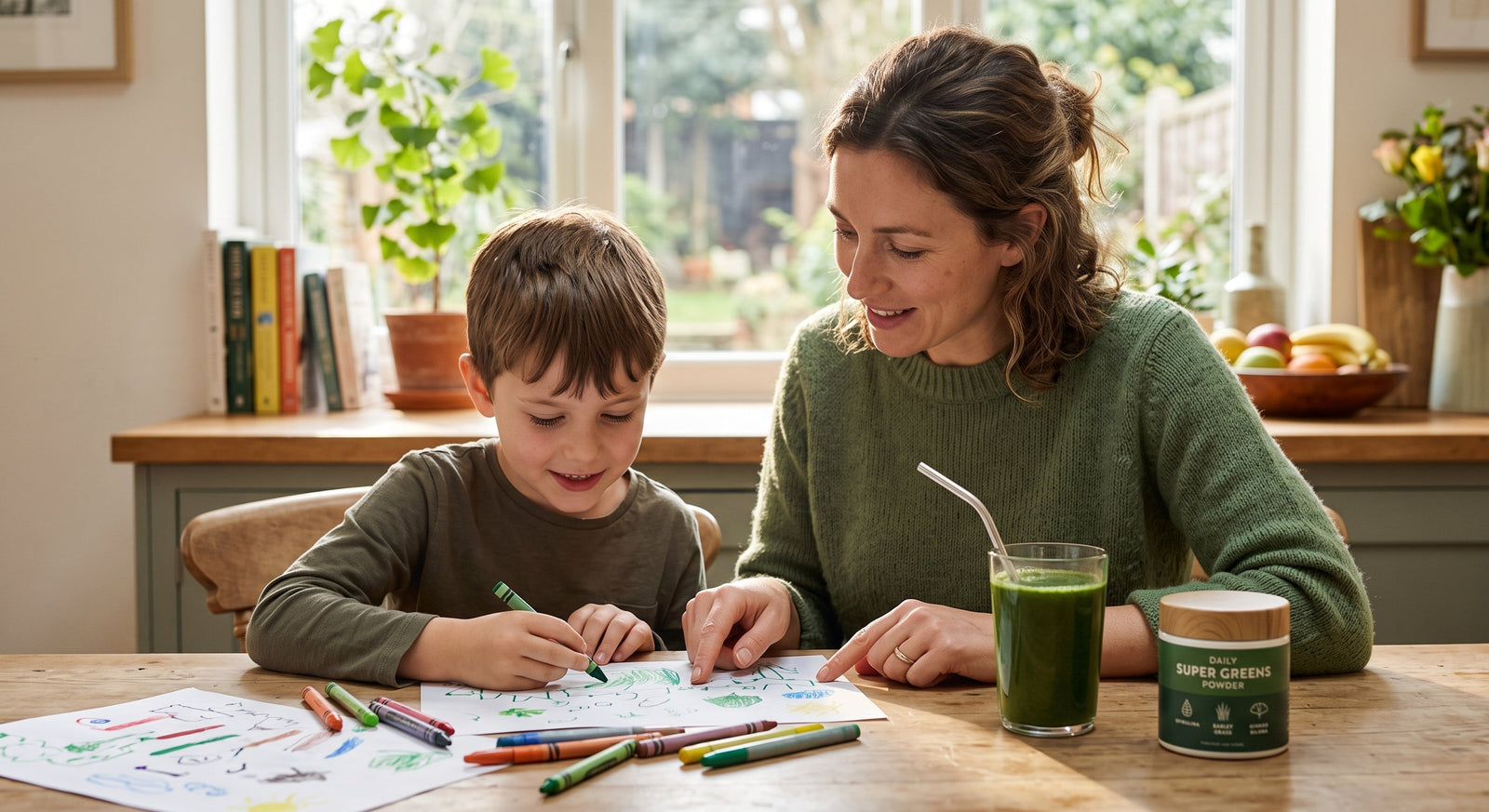 A mother and young boy sit at a sunlit wooden kitchen table drawing together, with a glass of green smoothie and a jar of super greens powder nearby.