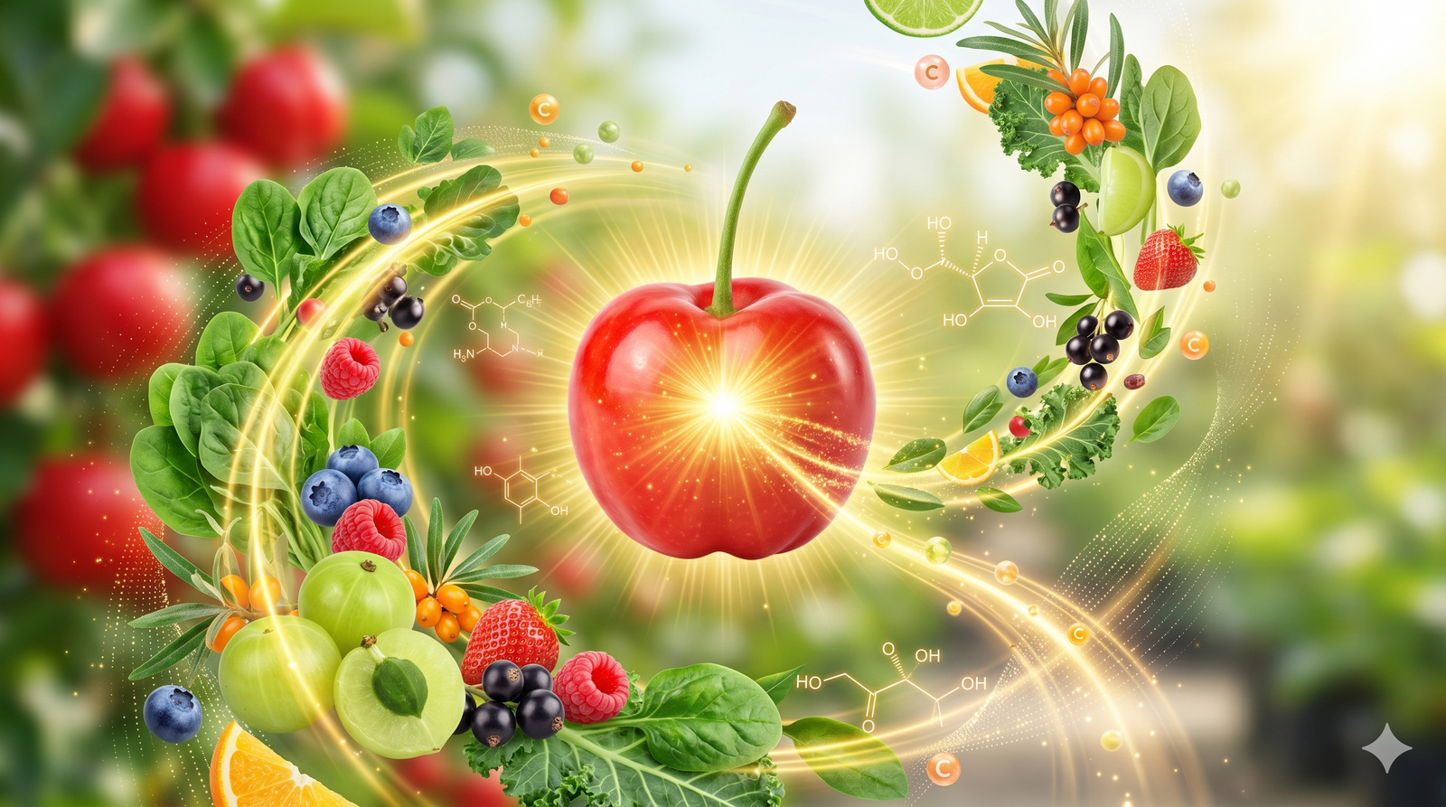 A central, brightly lit apple is surrounded by a swirling array of whole fruits, berries, and vegetables mixed with scientific molecular structures and golden light.