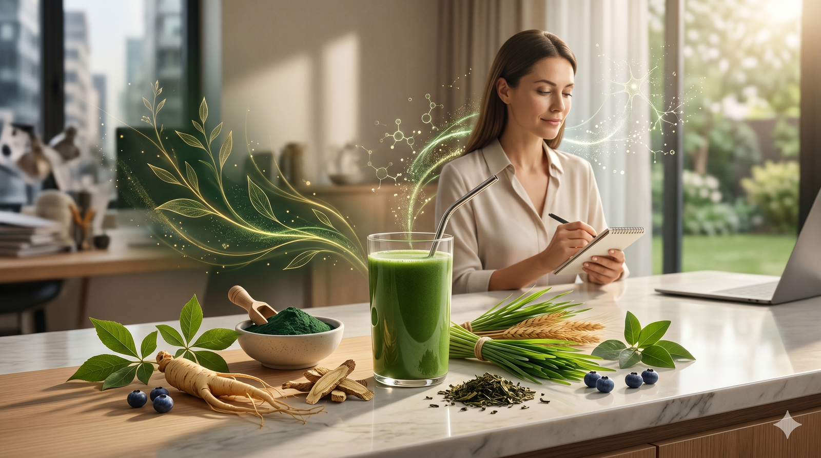 A super greens drink and premium adaptogenic roots sit on a marble counter as a focused professional works in the background, surrounded by elegant glowing energy trails symbolizing resilience and clarity.