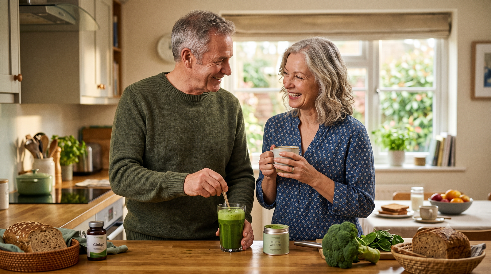 An older couple smiles and chats in a sunlit kitchen as the man stirs a vibrant green super greens drink on the counter.