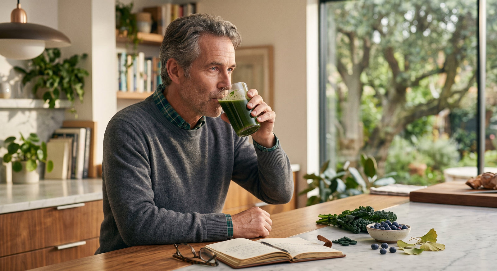 A mature man sits in a warm, modern kitchen drinking a green superfood beverage alongside fresh blueberries, ginkgo leaves, and a open journal.