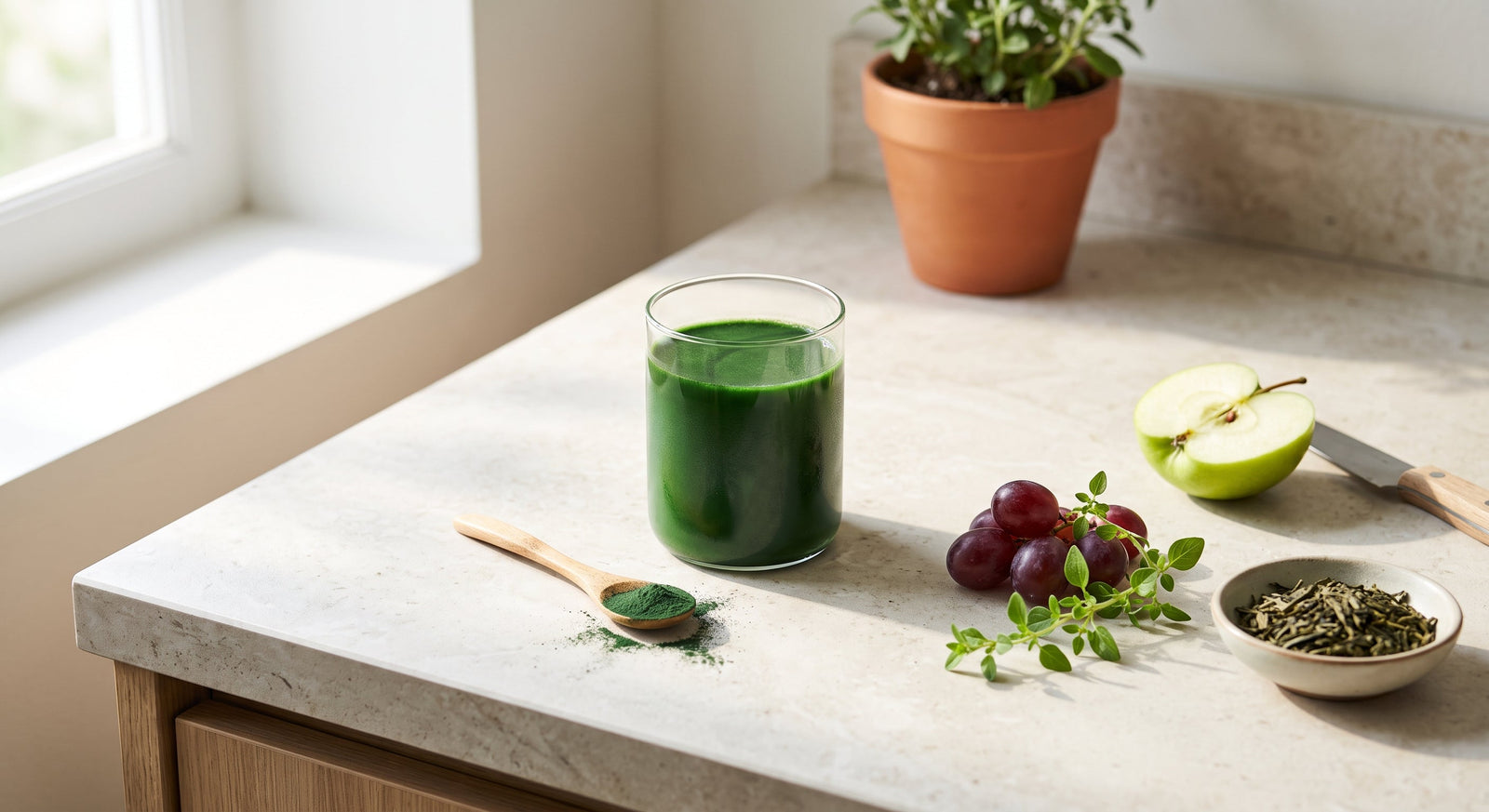 A glass of rich green super greens drink sits on a light stone kitchen counter alongside a wooden spoon with spirulina powder, fresh grapes, green tea leaves, and a sliced green apple in soft morning sunlight.