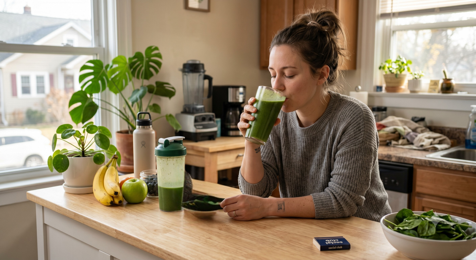A woman with her eyes closed relaxes at her kitchen counter the morning after a night out, sipping a refreshing green smoothie.