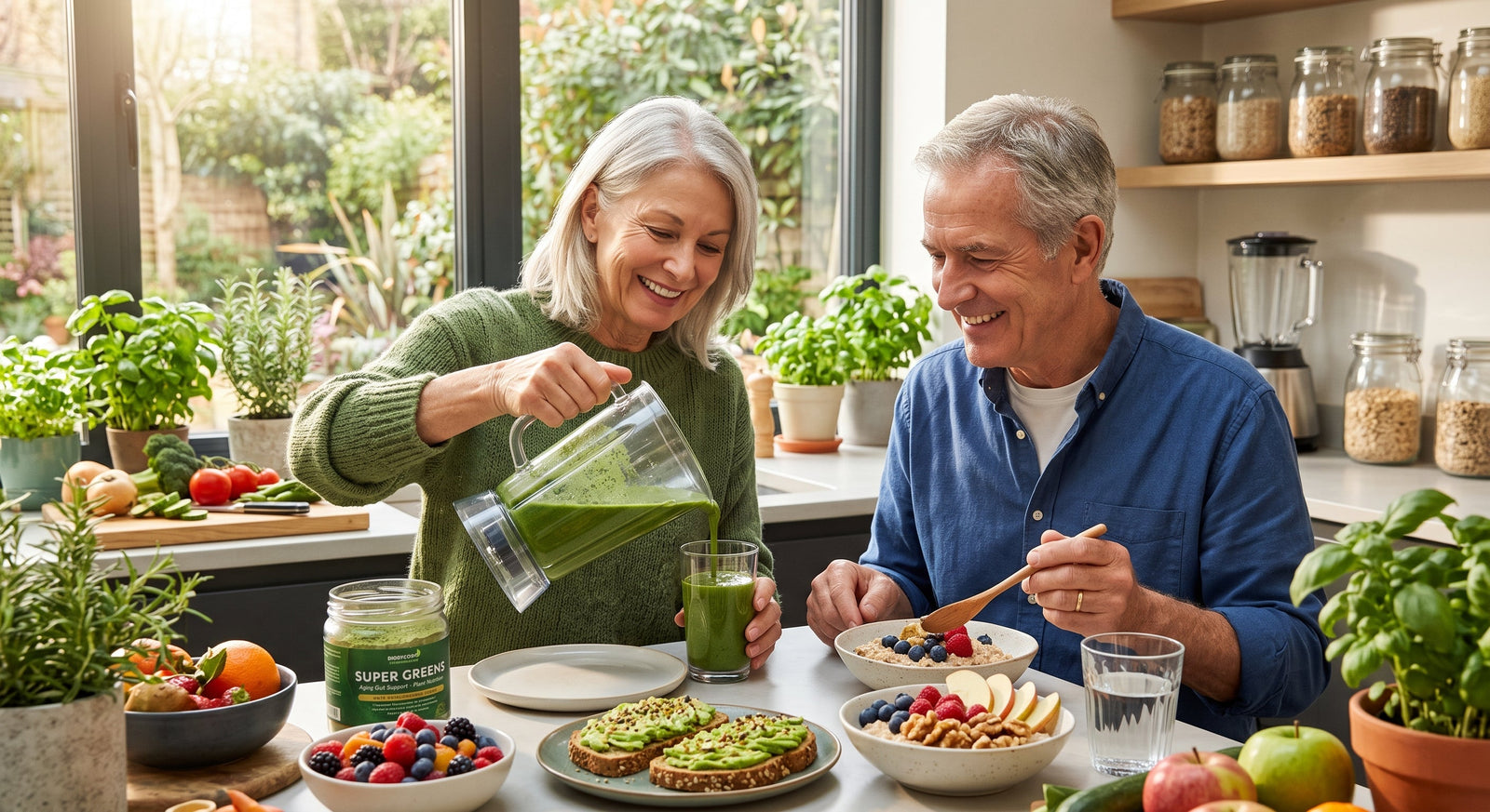 An older couple enjoys a healthy, plant-rich breakfast in a bright kitchen as the woman pours a fresh green smoothie into a glass.