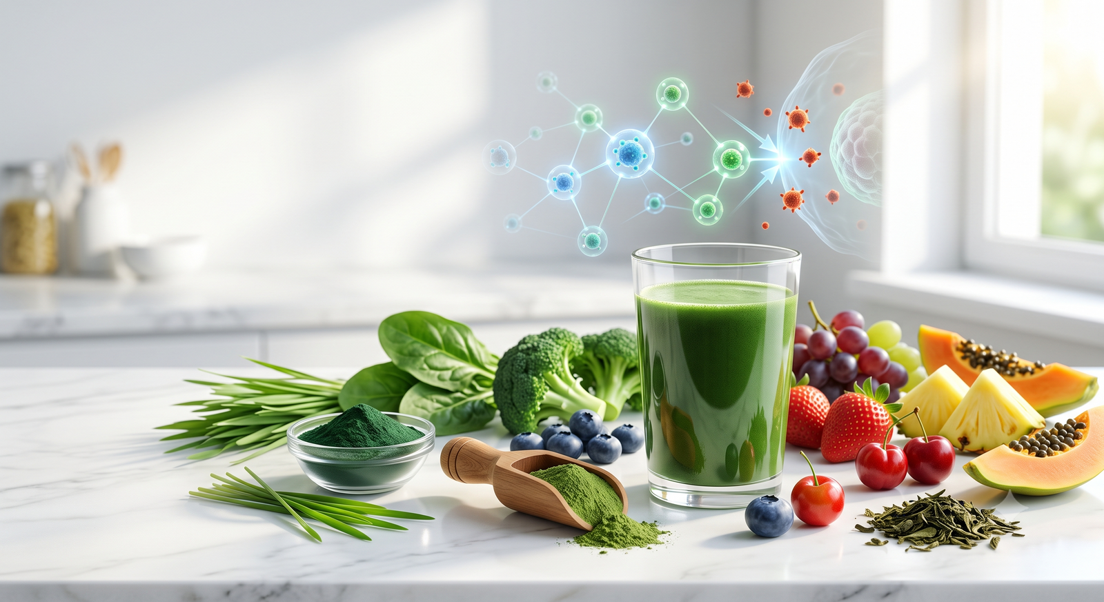A glass of super greens drink sits on a bright marble countertop surrounded by fresh fruits, greens, and a minimal scientific overlay illustrating antioxidants neutralizing free radicals.