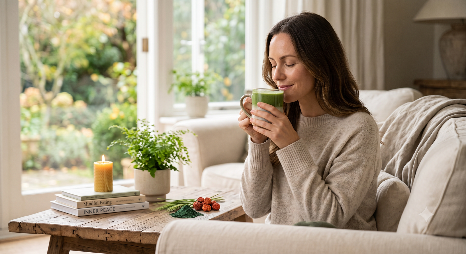 A woman in a cozy neutral sweater sits on a bright living room couch with her eyes closed, holding and inhaling the steam from a warm mug of green drink next to a small lit candle and a container of super greens powder on the coffee table.