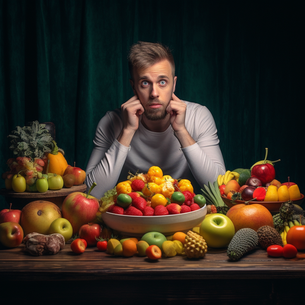 Are Super Greens Really Good For You? Men surrounded by fruits and vegetables