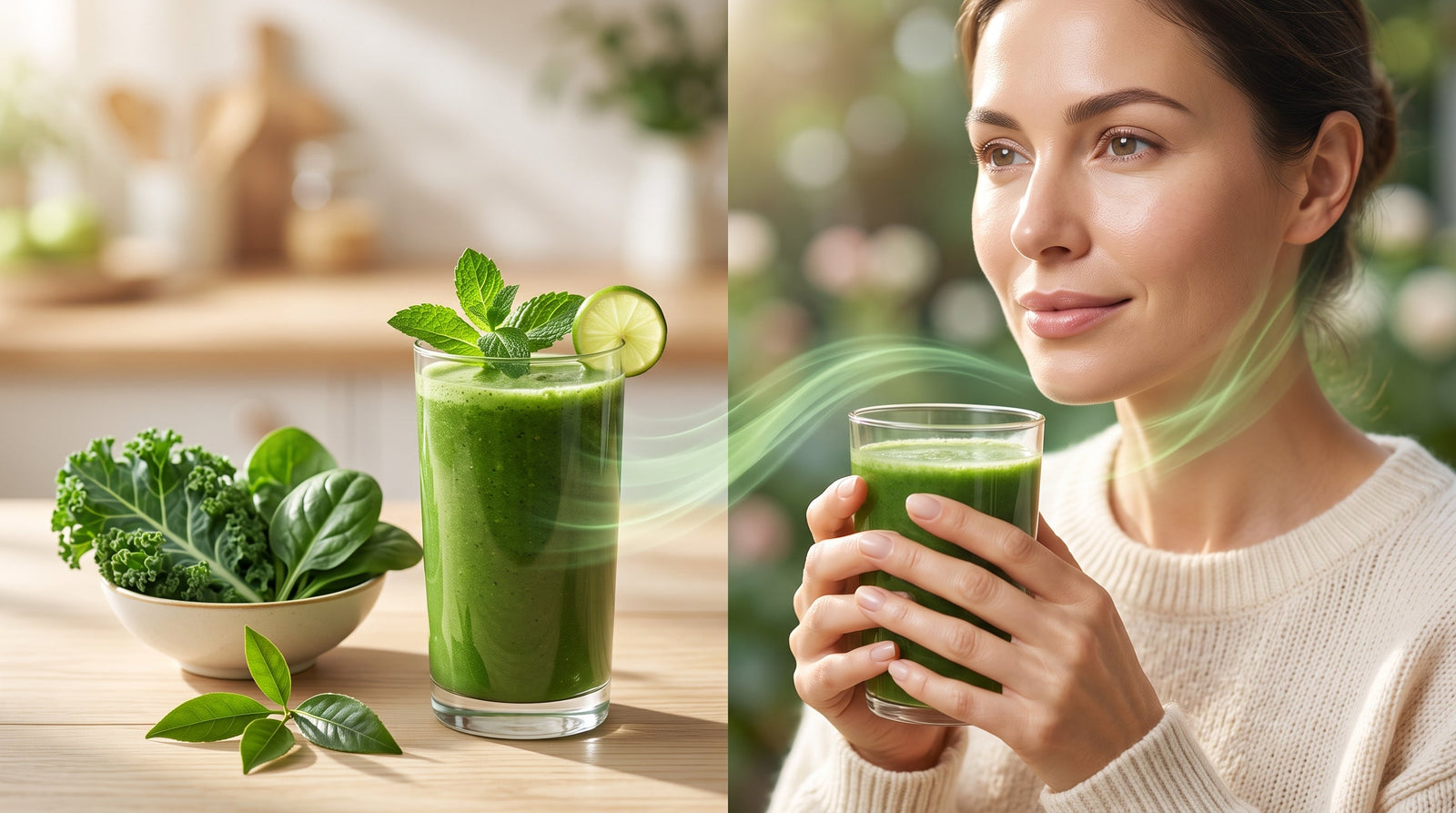 A split image showing fresh leafy greens and a glass of vibrant green juice on a kitchen counter next to a woman with clear, radiant skin drinking the same juice, connected by a soft wave of glowing green light to symbolize internal nutrition.