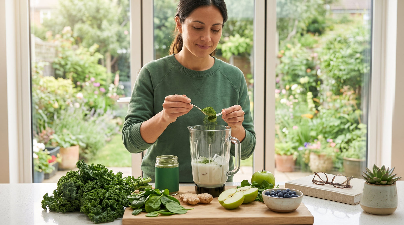 A woman scoops green superfood powder into a blender on a kitchen counter surrounded by fresh kale, spinach, apples, and blueberries.