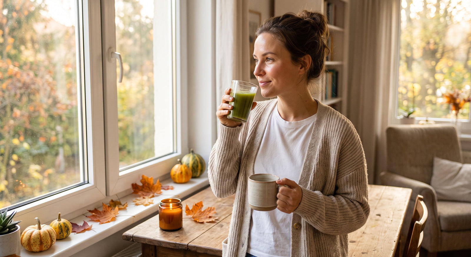 An aesthetic, cozy lifestyle image of a woman near a window in autumn, enjoying a fresh green superfood drink for skin health.
