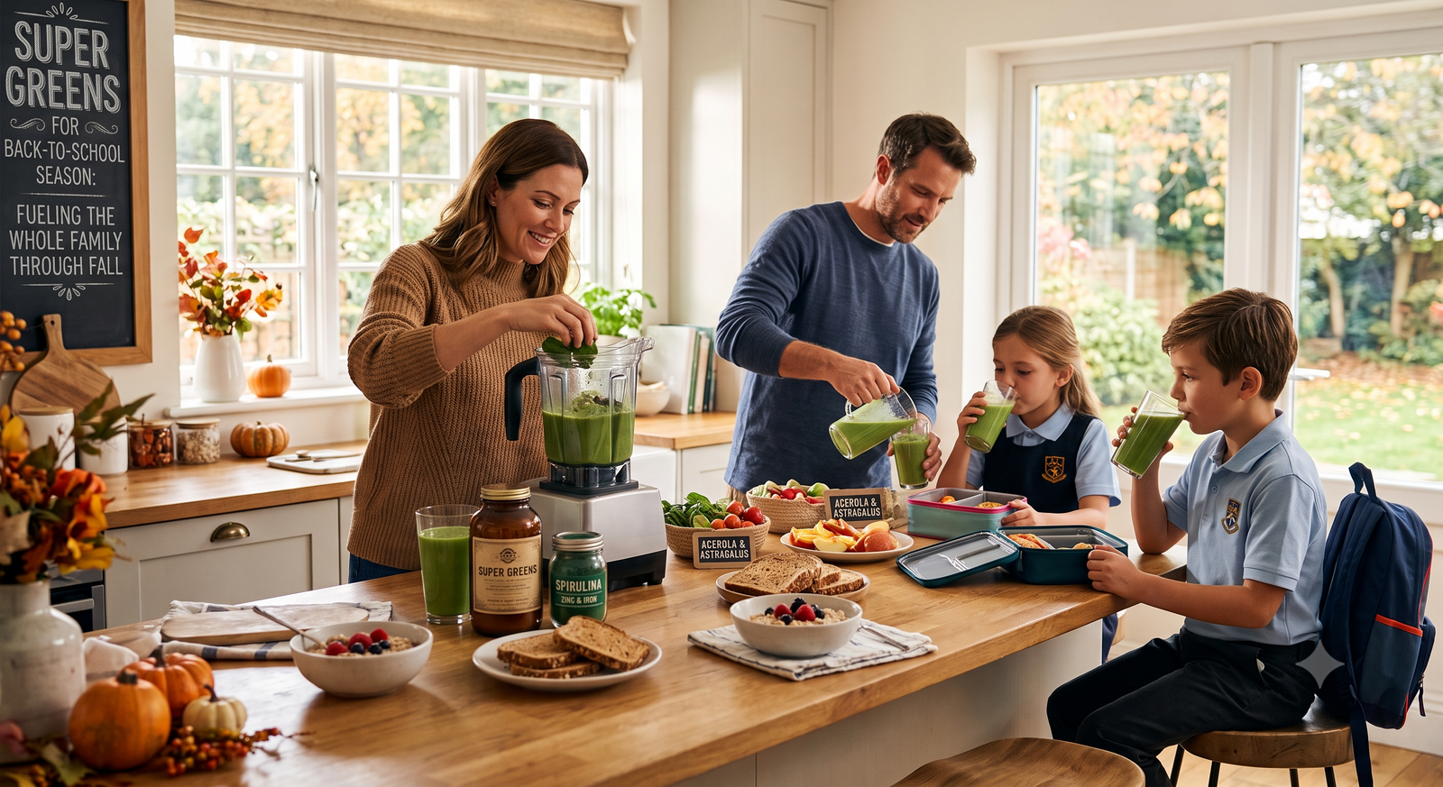 A family enjoys a busy fall morning in a bright kitchen, with parents blending fresh green smoothies while children sit at the counter sipping their drinks with breakfast before school.