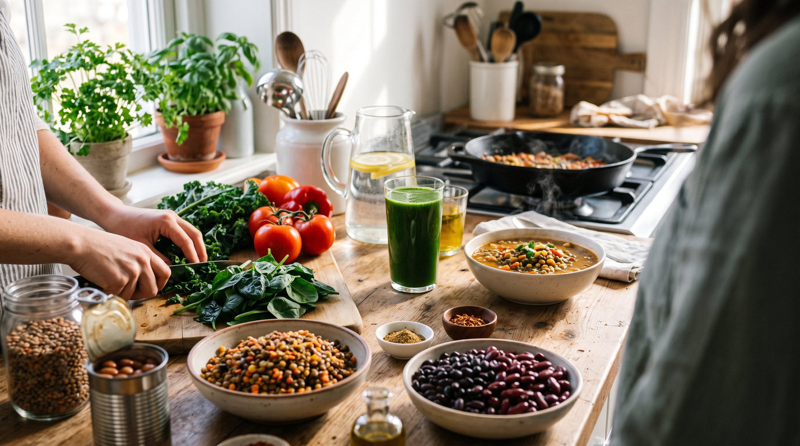 A high-angle photo of a rustic wooden kitchen counter featuring vibrant ingredients—bowls of colorful dried beans and lentils, fresh kale, tomatoes, and a glass of super greens drink—set against a bright kitchen backdrop.