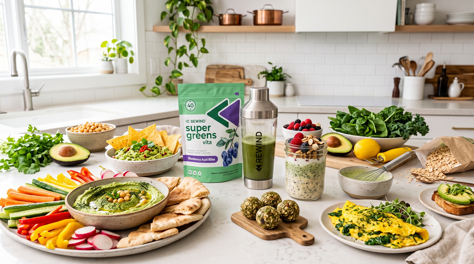 A bright, editorial food photography flat lay featuring a pouch of REWIND Super Greens Vita Blueberry Açaí Bliss on a modern kitchen countertop, surrounded by a shaker bottle and various colorful dishes infused with greens powder.