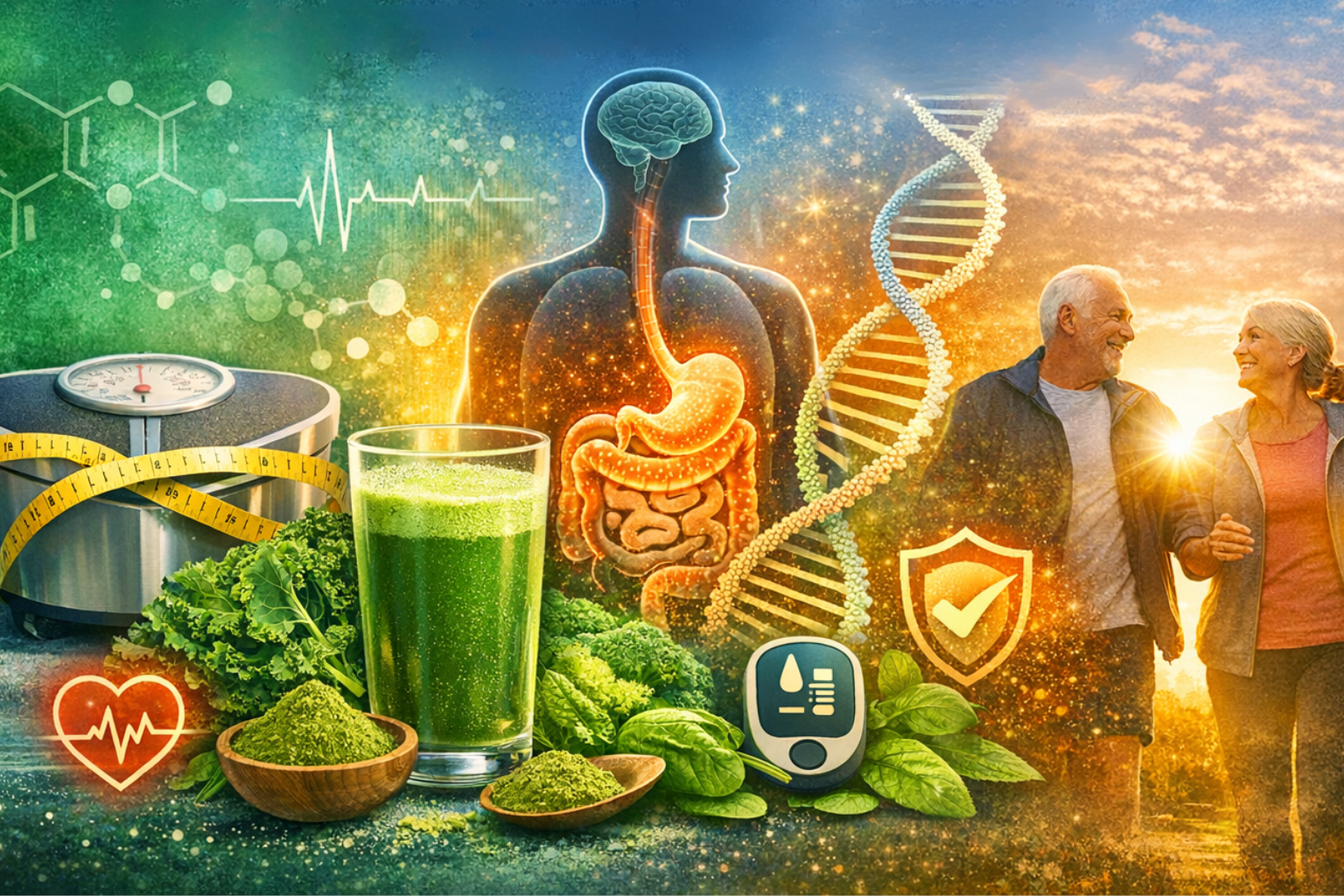 A scale with measuring tape, green vegetables, superfood powders, a human silhouette with organs, scientific graphics, a heart icon, glucose meter, shield icon, and an older couple walking outdoors.
