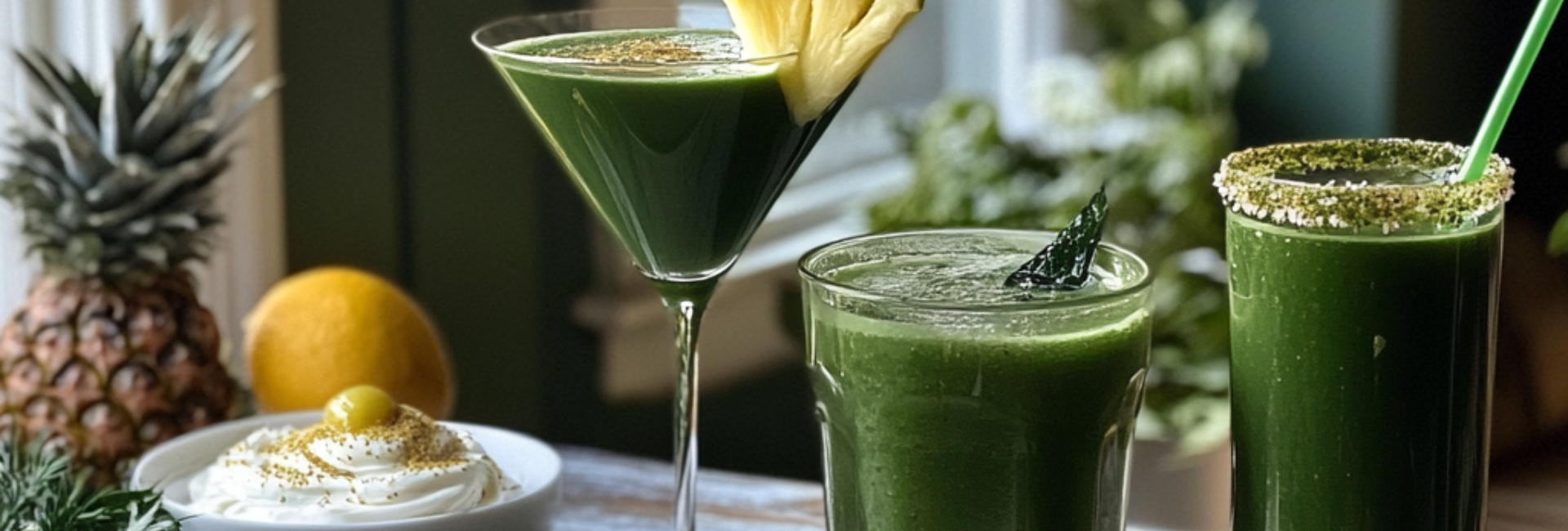 An array of super greens drinks: smoothies, cocktails, mocktails, and yogurt with super greens powder on a table. 