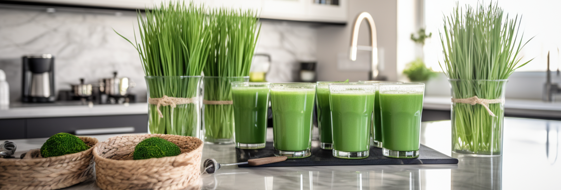 Wheatgrass and barley grass depicted as vibrant green plants in a modern kitchen setting with glasses of fresh greens juice.