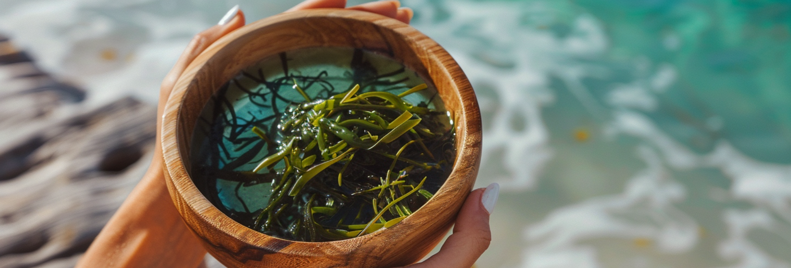 A female hand with white nails delicately holds a wooden bowl filled with raw seaweeds in the daylight on a natural beach background.