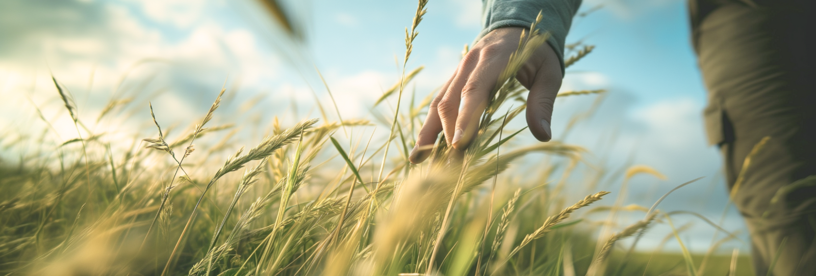 A man standing in a lush green field, gently running his hand through the tall grass.
