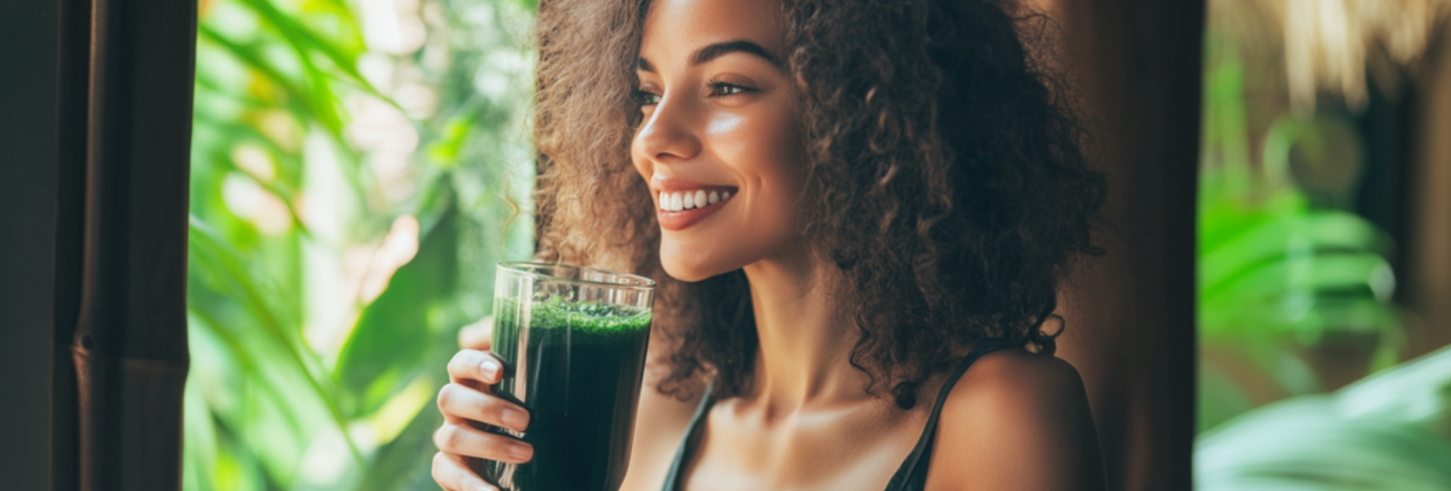 A beautiful woman smiling and holding a glass of green juice.