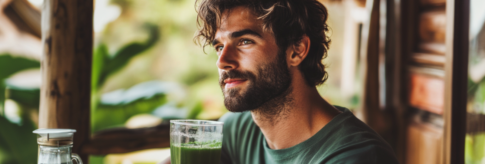 A good looking man looking out as if he is wondering something while holding a glass of super greens juice.