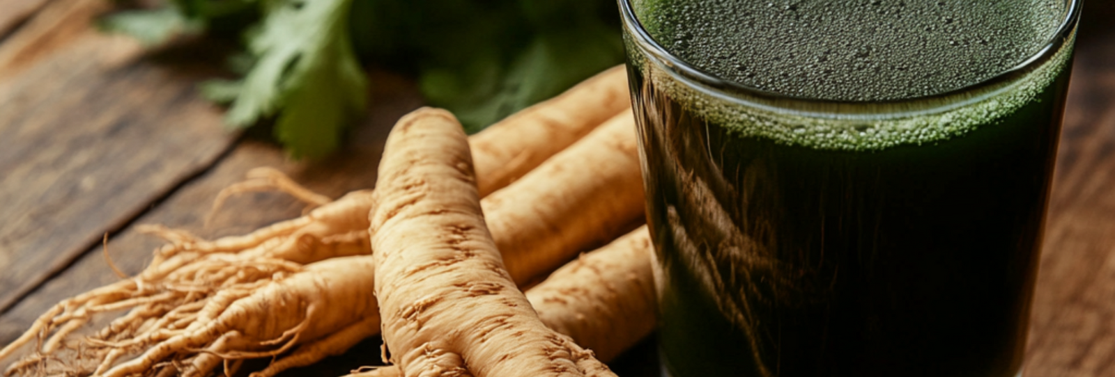 A glass of green juice and ginseng roots on a wooden table. 
