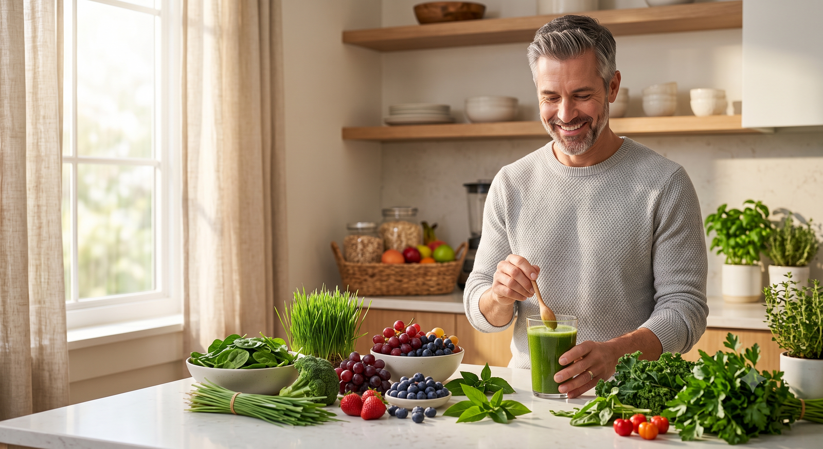 A cheerful, silver-haired man in a light grey sweater stands in a sunlit kitchen, stirring a vibrant green smoothie with a wooden spoon and surrounded by abundant fresh fruits and vegetables on a white countertop.