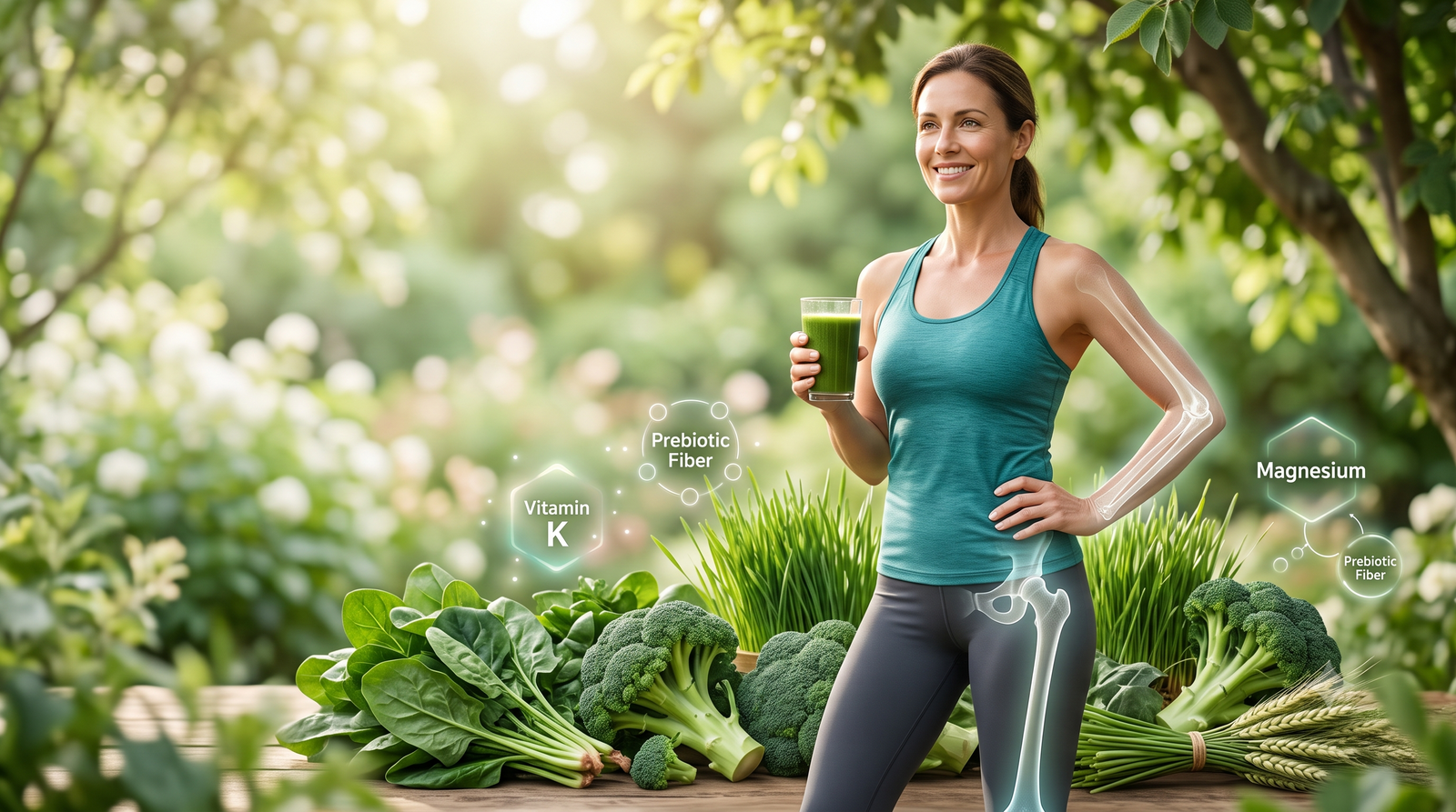 A healthy woman holds a green drink in a sunlit outdoor setting surrounded by fresh greens, featuring a glowing anatomical overlay and nutrient icons that highlight the connection between plant nutrition and bone health.