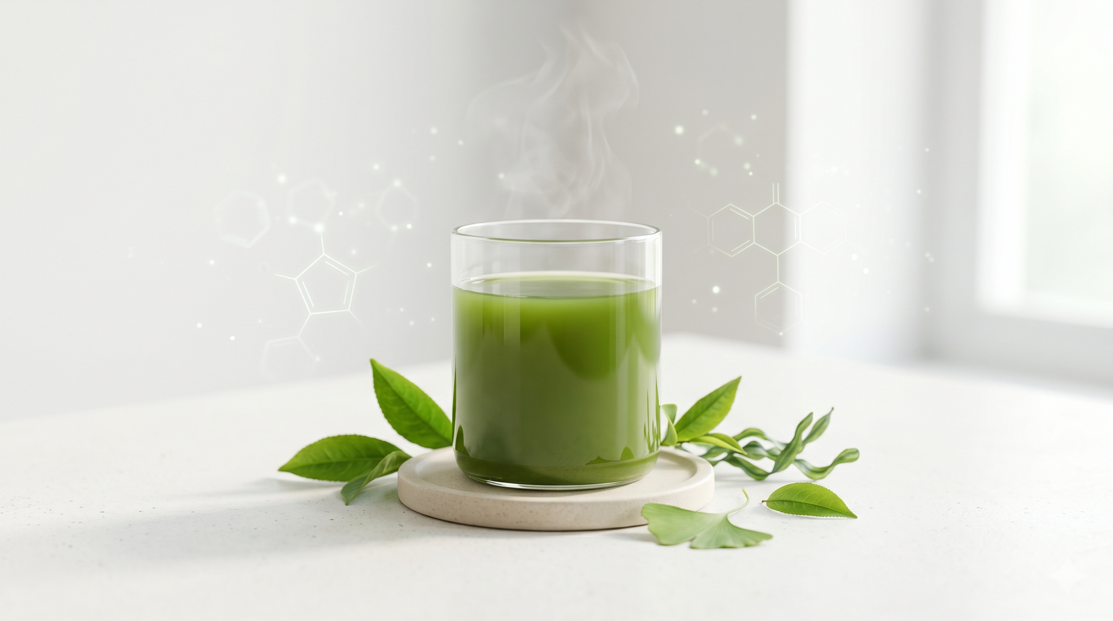 A glass of green tea sits on a white surface surrounded by fresh leaves, with subtle glowing molecular structures in the background.