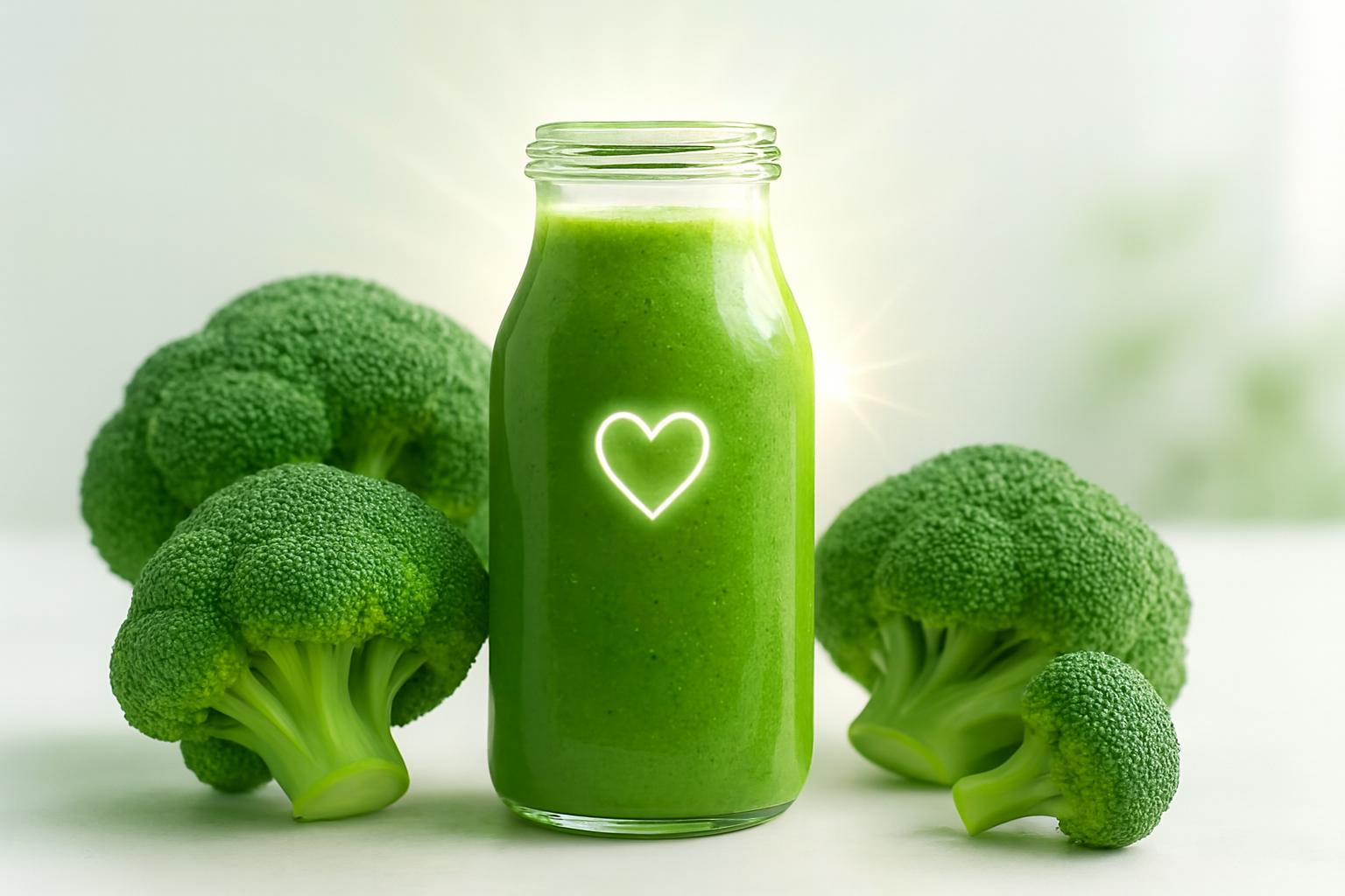 A clear glass bottle filled with green smoothie sits on a white surface, surrounded by fresh broccoli florets  with a glowing heart symbol on the bottle.