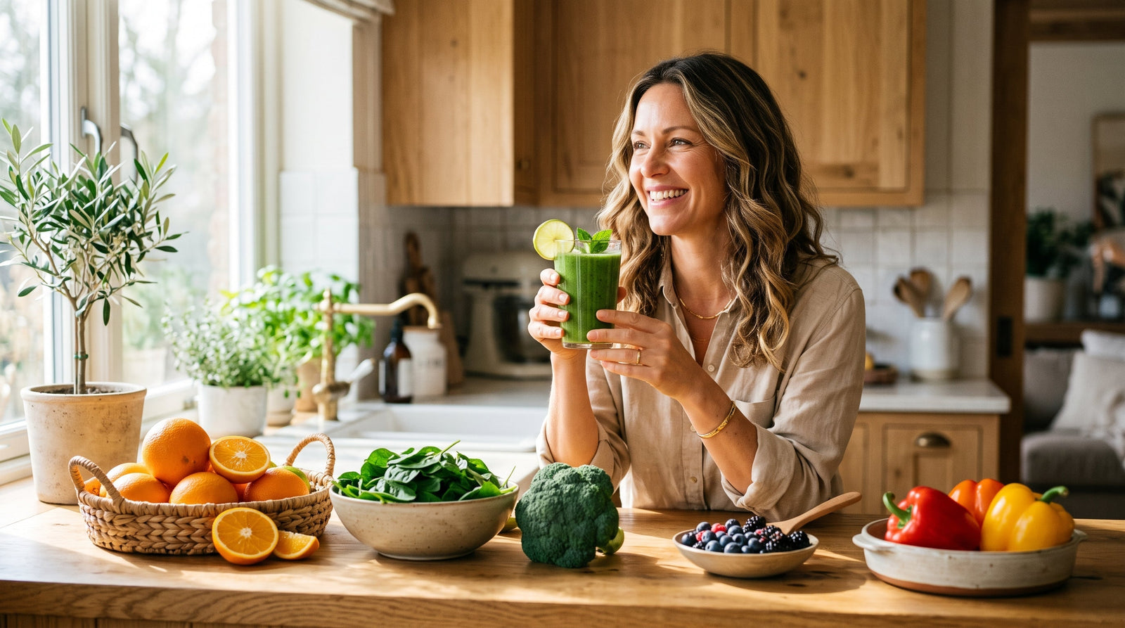 A smiling woman sitting in a warm, sunlit kitchen enjoys a glass of fresh green smoothie alongside ingredients like oranges, spinach, broccoli, berries, and bell peppers.