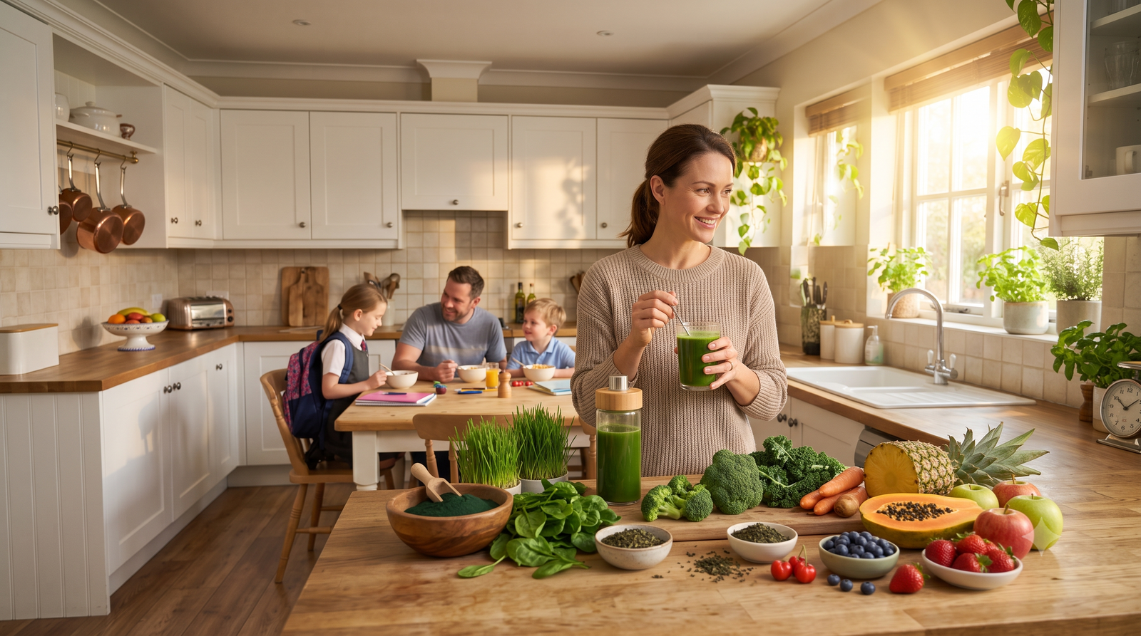 A calm mother smiling in a sunlit kitchen stands by a counter filled with fresh fruits and green superfoods while preparing a green drink, as her family eats breakfast in the background.