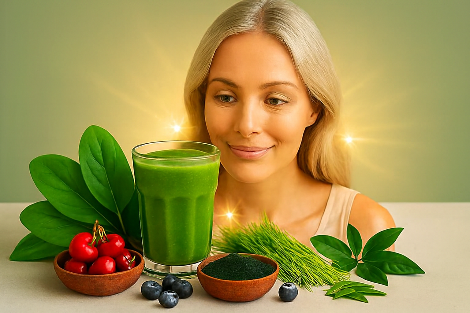 A woman with long silver-blonde hair looks at a green smoothie surrounded by spinach leaves, acerola cherries, blueberries, spirulina powder, barley grass, and green tea leaves.