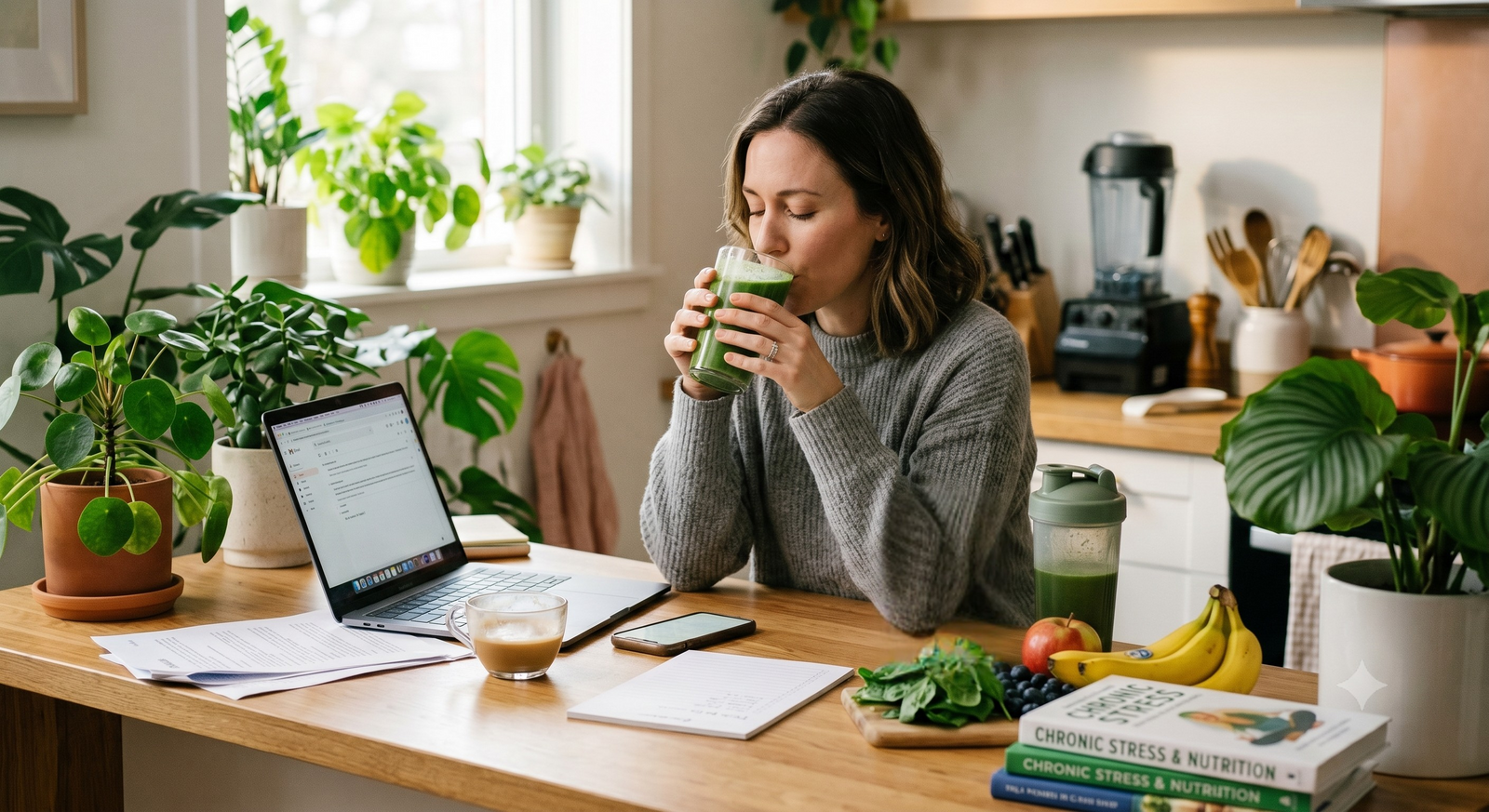 A woman sits at a wooden desk with a laptop, documents, and books on stress and nutrition, taking a sip of a super greens smoothie in a sunlit kitchen filled with houseplants.