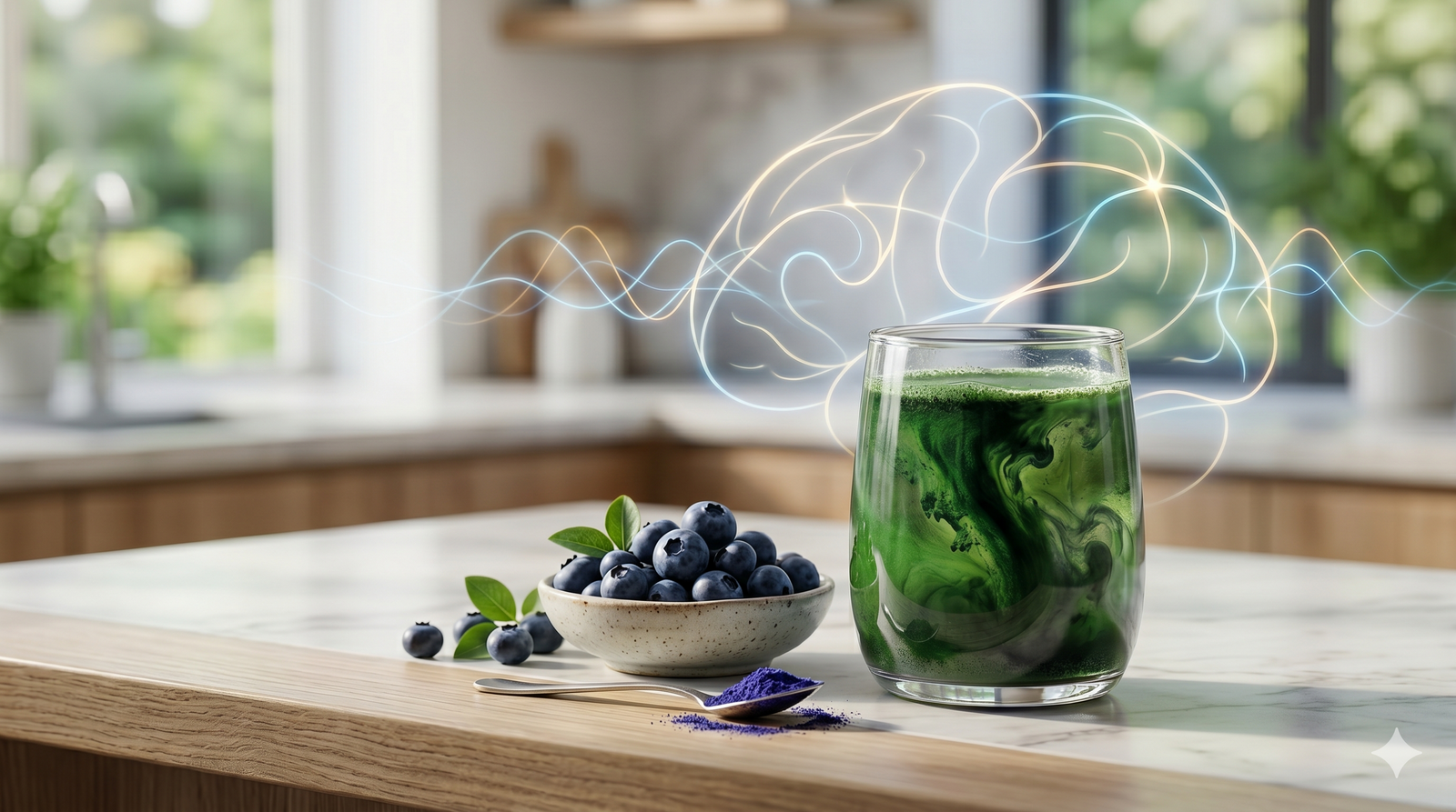 A glass of super greens juice swirls with blueberry powder next to a bowl of fresh berries, featuring a soft glowing brain outline in the background to symbolize cognitive support.