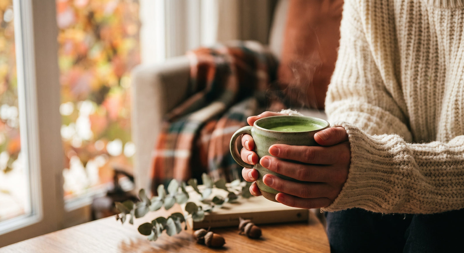 A person wearing a cozy knit sweater holds a steaming mug of vibrant green drink near a sunlit window with autumnal foliage in the background.