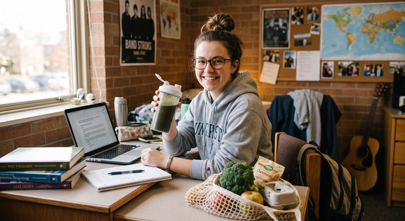 A college student sits at a dorm room desk surrounded by textbooks and fresh groceries while holding up a shaker bottle filled with a green smoothie.