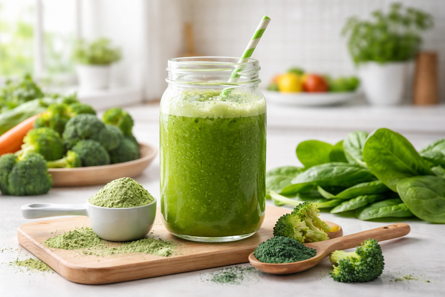 A mason jar filled with frothy green super greens drink sits on a wooden board surrounded by a scoop of green powder, fresh spinach, broccoli florets, and spirulina powder in a bright, modern kitchen setting.